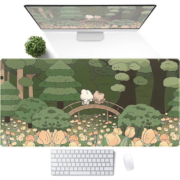 Anime Skog Skrivebordsmatte, Bjørn og Kanin Sklisikker Musematte (400 X 900 X 3 Mm)