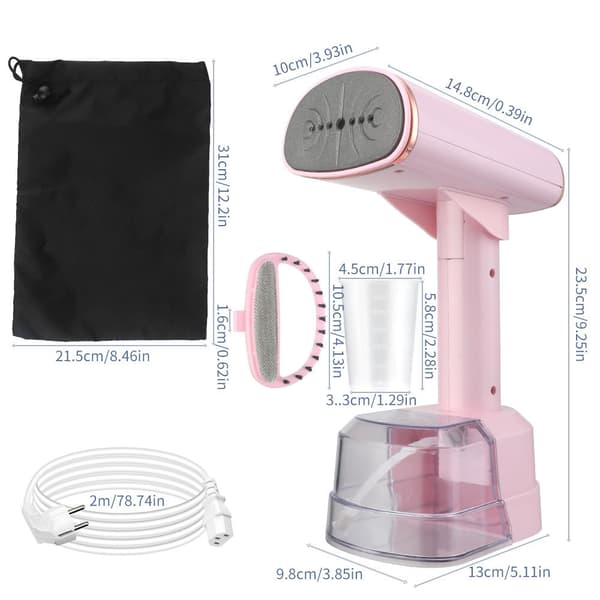 Klesdamper 1500W rask oppvarming, 400ml vanntank, LCD digitalt display (rosa)