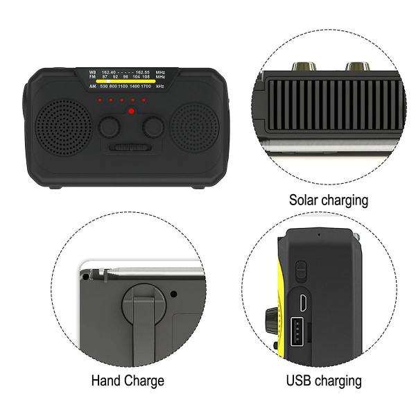 Nødhåndsvingsradio med LED-lommelygte til nødsituationer, Am/fm/wb bærbar vejrradio, USB genopladelig black