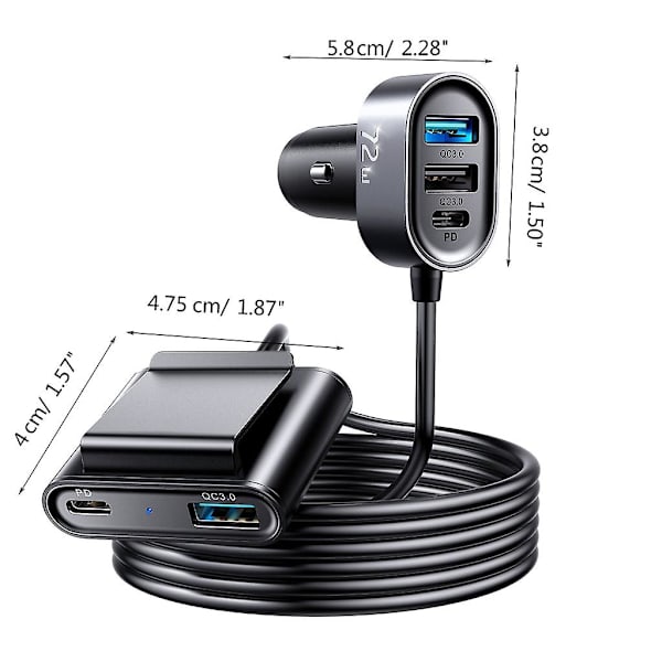 72w Pd & Qc3.0 5-port strømstik med 1,5 m kabel til for- og bagsæde - opladning