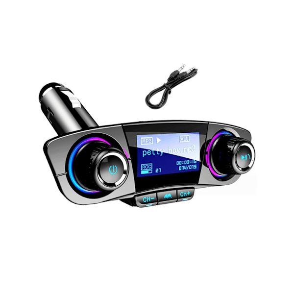 Kaksipäinen Bluetooth-autopelin MP3-soitinlähetinmodulaattori tukee kaksois-USB-latausta, musta