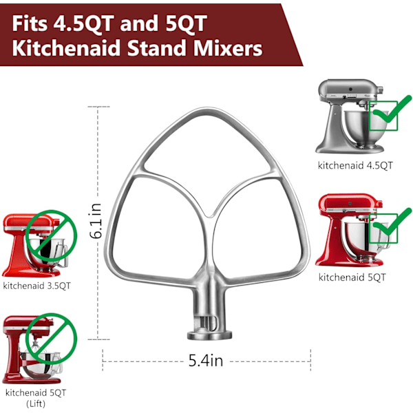 Flatblandare i rostfritt stål för KitchenAid Mixer - Passar 4,5-5 QT Skålar