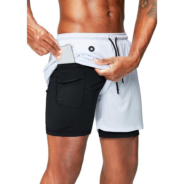 2 i 1 løpeshorts med telefonlomme treningsøkt Hurtigtørrende herreshorts 5 tommer White XX-Large