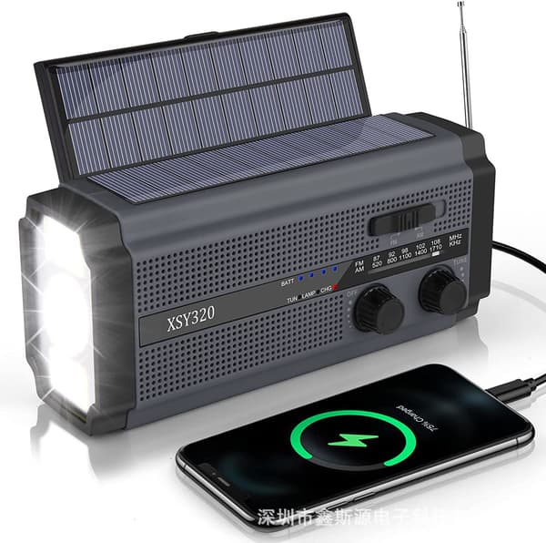 Nødradio med håndsving og solceller 5000mAh, 5 strømforsyningstilstande (grå og sort)