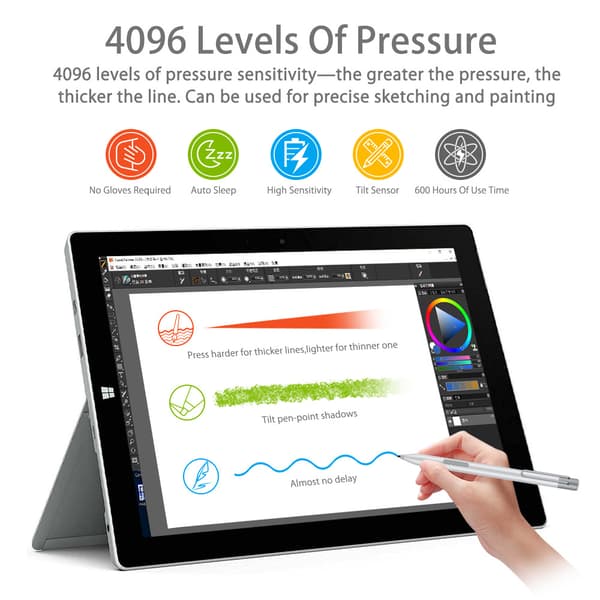 Styluspenn - For Surface 3, Surface Go, 4096 trykknivåer med håndflateavvisning (sølv)