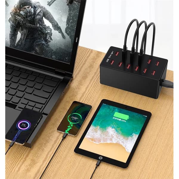 USB-ladestation 12-porte, med 10 datakabler, Hub Abs (til Android)