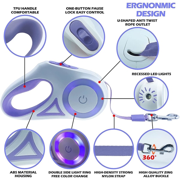 Koiran talutushihna sisäänvedettävät koiran talutushihnat LED kirkkaalla taskulampulla kävelyhihnat pennuille pienille keskikokoisille koirille talutushihna yksikätinen jarruvapaa liike yksi mutta 1-Purple(10FT)