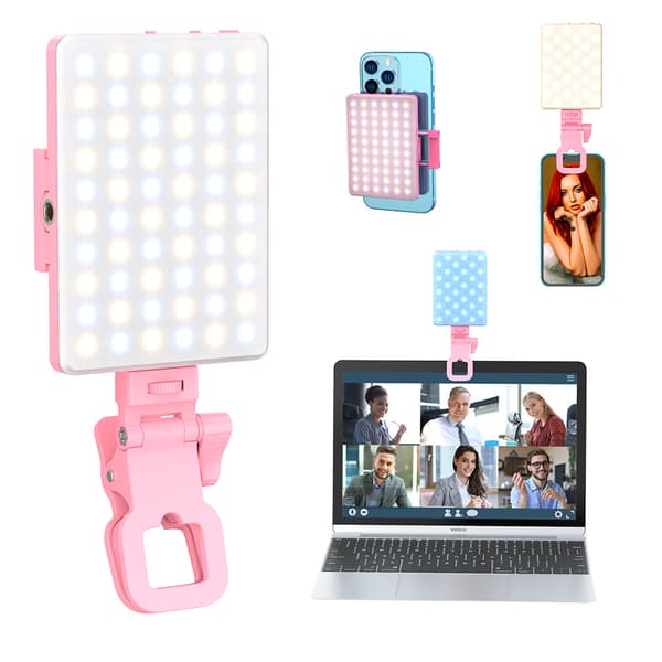 60 LED Selfie-lys med front- og bakklips, oppladbart, med 3 lysmoduser (rosa)