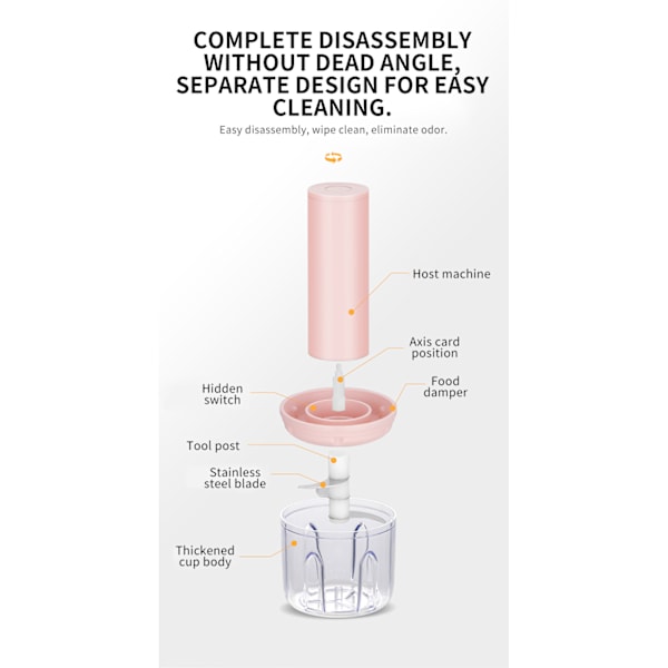 Bærbar USB Oppladbar Grønnsakskutter med 3 Blader (250ml, Rosa)