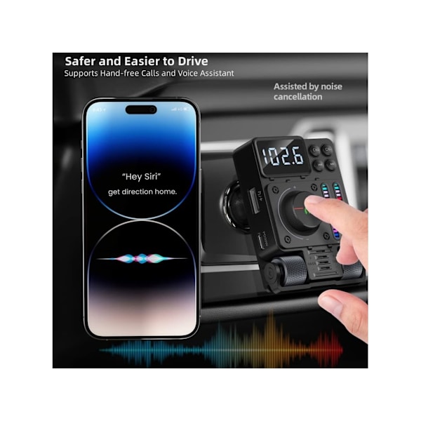Multifunktionel Bluetooth FM-sender til bil Bluetooth 5.3, lydjustering, live stemme (sort)