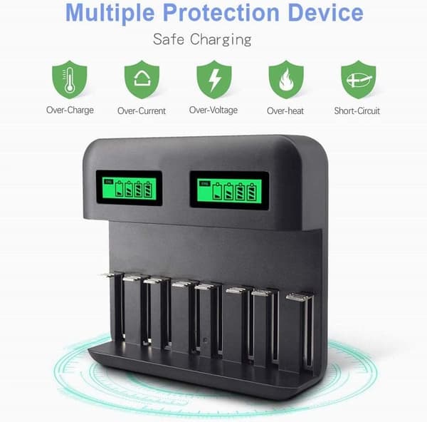 Batterioplader til 8 pladser, med LED-lys, USB hurtigopladning til AA AAA-batterier