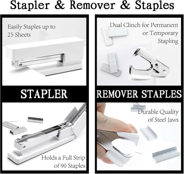 Hvitt stiftemaskin- og tapedispenser-sett med stiftemaskin, tapedispenser, stiftefjerner, stifter, binders
