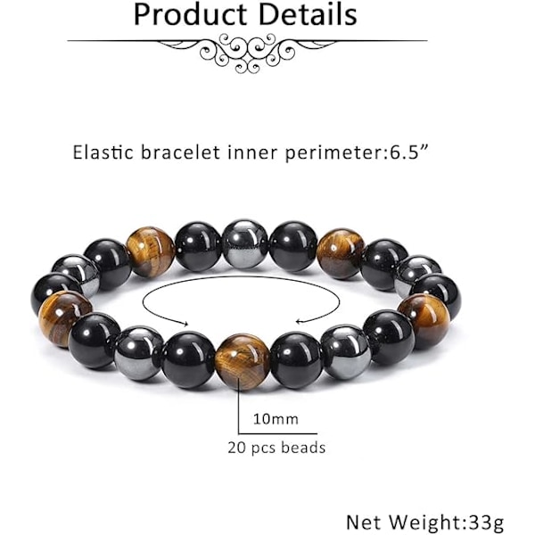 Hæmatit Sort Obsidian Tigerøje Sten Armbånd Til Mænd Kvinder 8Mm Til Beskyttelse, Held Og Lykke 2 Stk