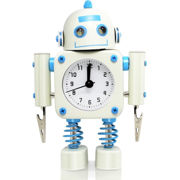 [icke-tickande] Robotväckarklocka i rostfritt metall - väckarklocka med blinkande ögonljus och handklämma (vit)