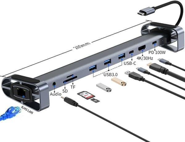10-i-1 Dockingstation med 4K HDMI, PD-opladning, SD/TF, 3 USB 3.0