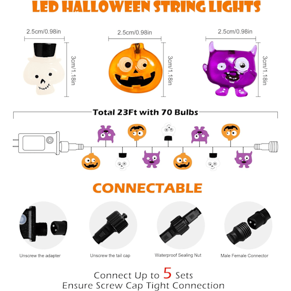 70 LED Pumpa Spindel Dödskalle Ljusslinga - 6,9 m Orange Lila Vit Halloween Ljusslinga med Timerfunktion, Kopplingsbar Belysning för