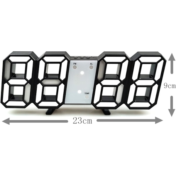 3D Digitalt Vækkeur, 12H/24H Tidsvisning, Justerbar Lysstyrke (Hvid og Grøn)