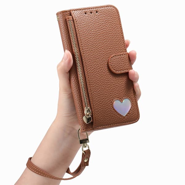 Etui til Samsung Galaxy S26, Cross Shoulder Flip Wallet, Hjerte Design Brown