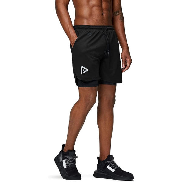 2 i 1 löparshorts med telefonficka Gym Workout Snabbtorka herrshorts 5 tum Black Large