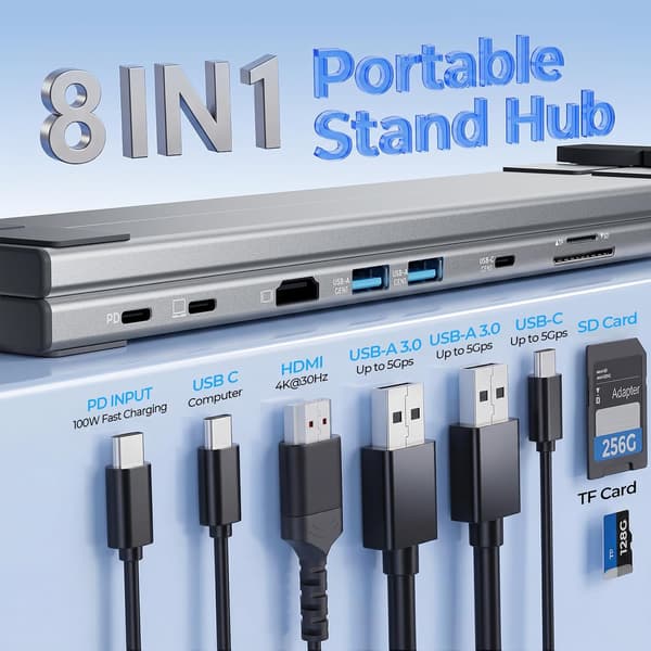 USB-C-kannettavan telakointiasemateline, tablettiteline, 8-in-1 USB-C-keskitin