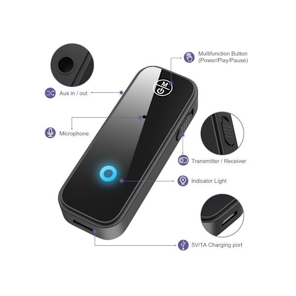 Bluetooth Aux Adapter til Bil, 2 i 1 Bluetooth Transmitter Receiver til Håndfri Opkald, Støjreducerende Bluetoo Aux Receiver
