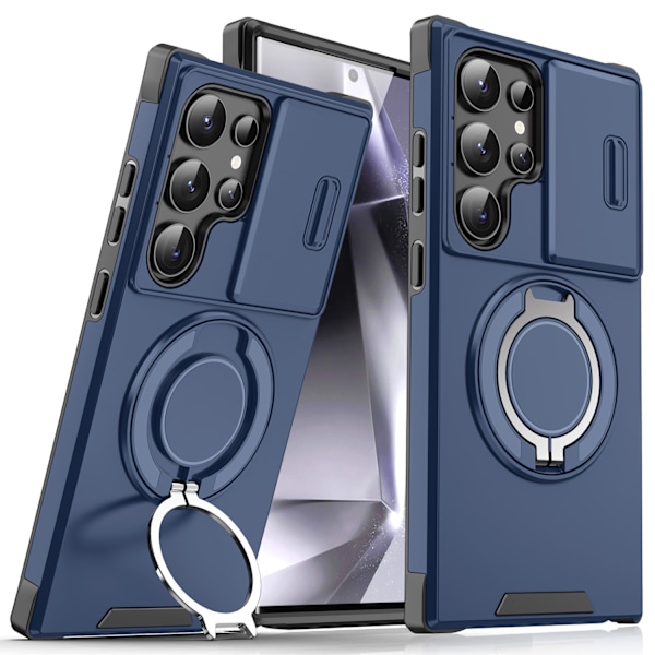 Kotelo Samsung Galaxy S25 Edge -puhelimelle, 360° kääntyvällä pidikkeellä, yksityisyyskameran suojus (sininen)