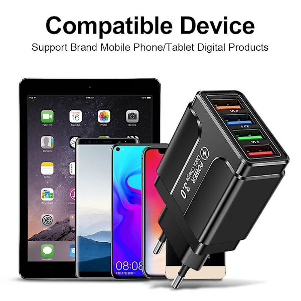 45W 4 USB Hurtiglader USB 3.0 Mobiltelefonlader Standard Adapter Telefonlading Hode-EU-plugg
