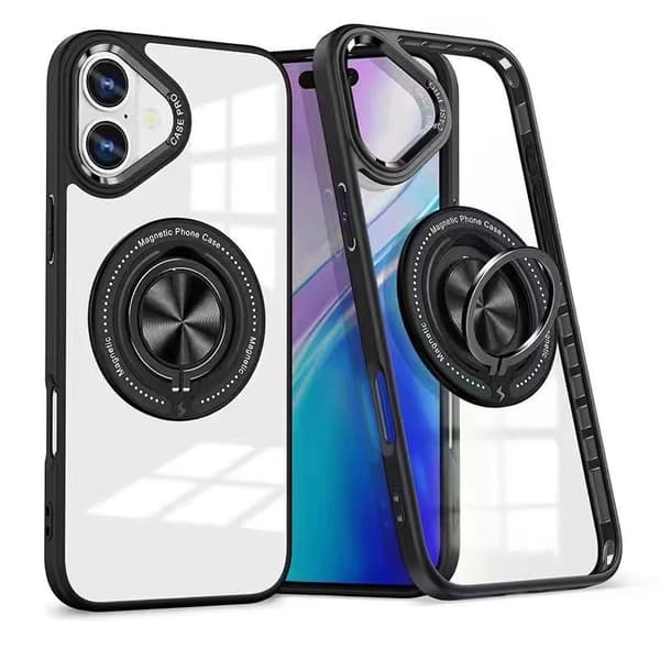 Fodral för iPhone 16 Pro Max 360 magnetisk ringhållare anti-fall skyddsfodral Black