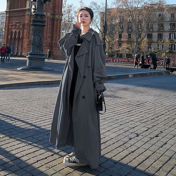 Trenchcoat for kvinner løs overdimensjonert lang jakke Dobbeltspent belte damekappe grå vindjakke XXL Gray