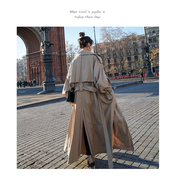 Trenchcoat för kvinnor Lös oversize lång jacka Dubbelknäppt bälte Dammantel Grå vindjacka L Khaki