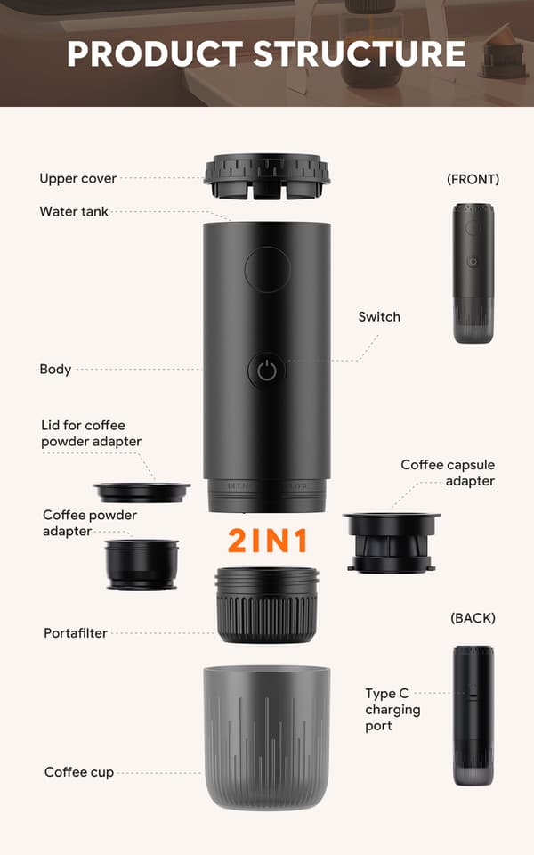 USB-ladattava espressokeitin (musta) Black