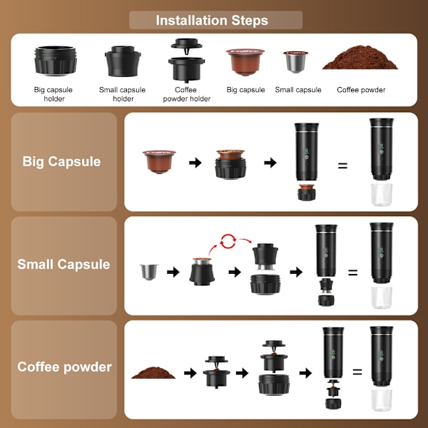 Bärbar Kaffemaskin, Multifunktionell 3-I-1 Kapselkaffemaskin