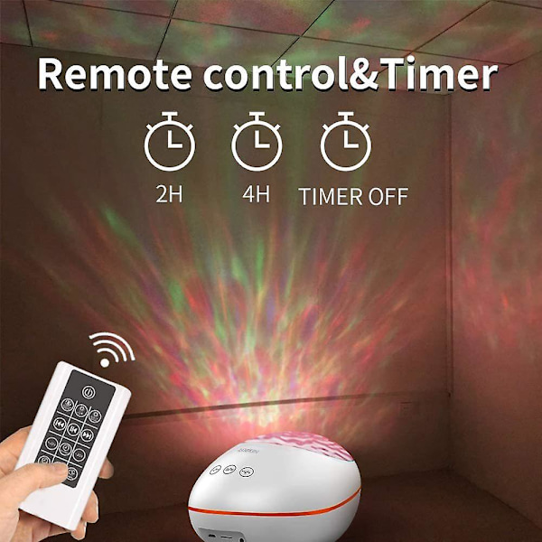Ocean Wave Night Light-projektor, 8 farvetilstande, indbygget musikafspiller, fjernbetjening og timer (sort)