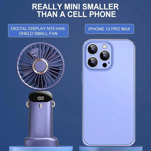 Ventilator - Mini Håndholdt Foldbar, 5 Vindhastigheder Med Mobiltelefonholder Og Display, 1800Mah (Violet)