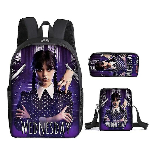 Tredelt sett Wednesday Addams Adams Wednesday Duffel Bag Ryggsekk Sett Skoleveske Skolemappe Blyantveske Barneleker Gaver 3PC-10