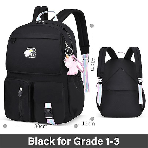 Koreansk regnbue skulderrem skoletaske til teenagere Vandtætte rygsække Black for Grade 1 to 3