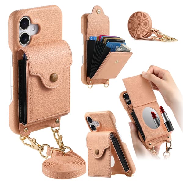 Etui til iPhone 16 Plus, læderpung med snor og kompakt spejl (pink)