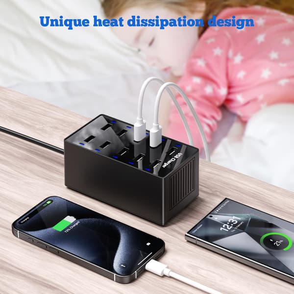 USB-opladerstation, 10 porte, USB-oplader til flere enheder (sort)
