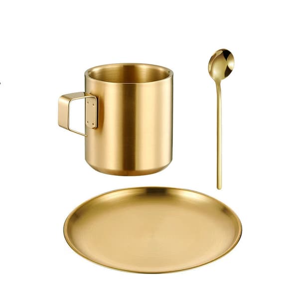Kaffekopp 3-delt sett 304 rustfritt stål dobbeltlagsisolert (gull)