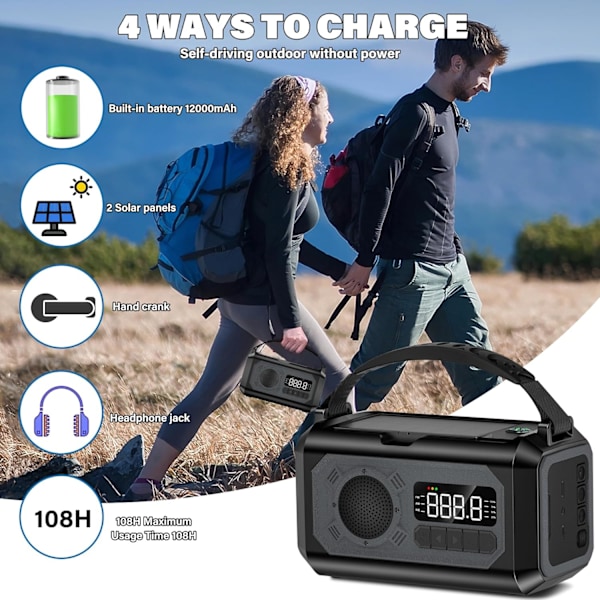 Solradio, 12000Mah Handvev Am/Fm Nödradio, Med Sos, Ficklampa, Kompass (Grå)