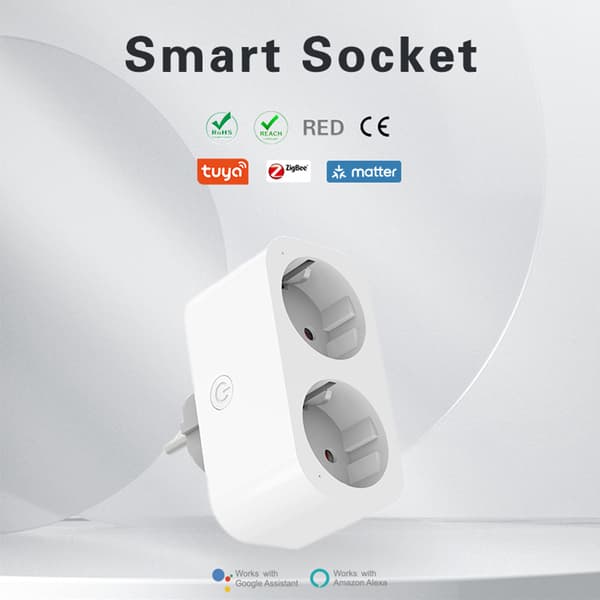 Smart stikdåse dobbeltstik, 16A Wifi-stik med stemmestyring, kompatibel med Zigbee/Blemesh/Ty App