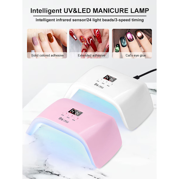 24 LED Neglelakk Lampe, UV LED Negletørker Lys For Gel Neglelakk, 3 Timer Innstillinger Rosa