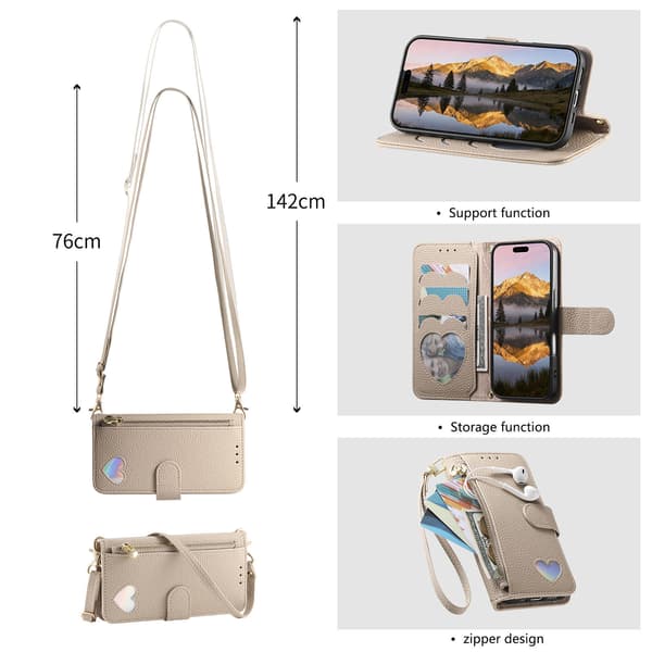 Etui til Samsung Galaxy S26, Cross Shoulder Flip Wallet, Hjerte Design Khaki