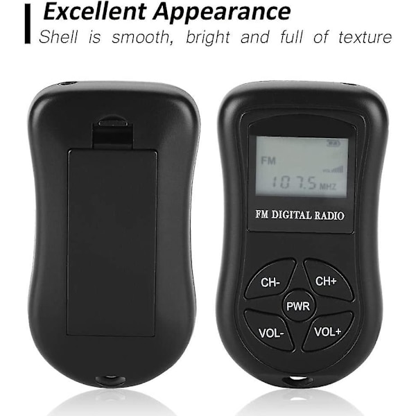 Fickradio, Mini FM-radio med hörlurar och rem, bärbar LCD-skärm Digitalradio för promenader Jogging Gym Camping