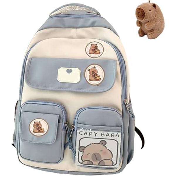 Capybara-reppu kouluun, söpö preppy-tyyliinen reppu kawaii-pinillä ja tarvikkeilla tytöille, sininen nukella