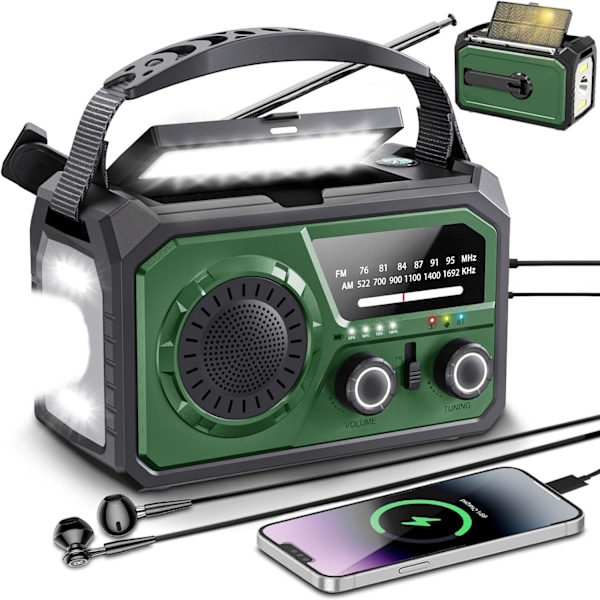 16000Mah Käsikammen Solar Am/Fm/Wb Sääradio Led-taskulampulla (Tummanvihreä)