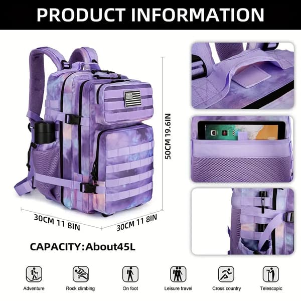 45L Taktisk Vattentät Ryggsäck Med Molle Lavender
