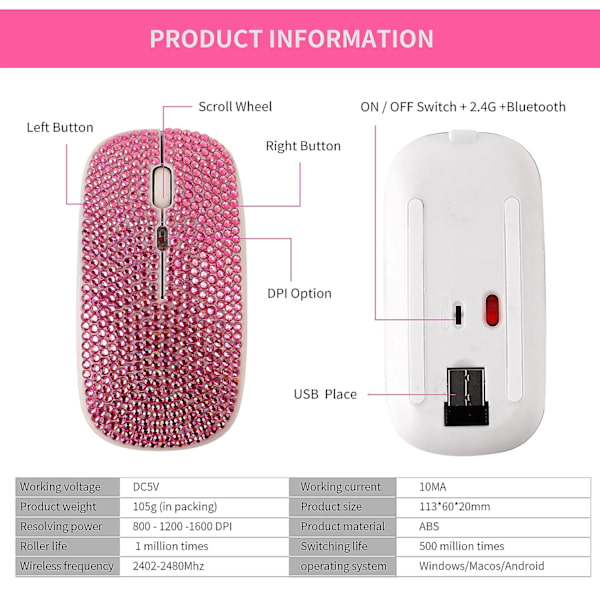 Bländande uppladdningsbar trådlös Bluetooth mus med Crystal Diamond Rgb-bakgrundsbelyst Pink