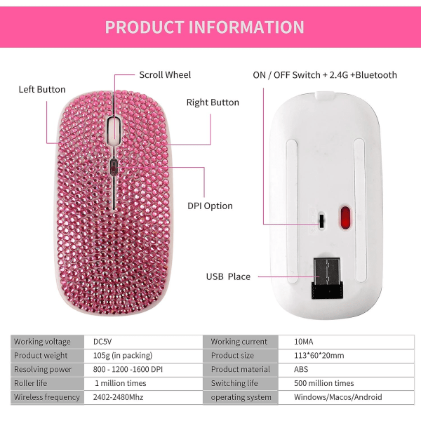 Blendende oppladbar trådløs Bluetooth-mus med Crystal Diamond Rgb-bakgrunnsbelysning Pink