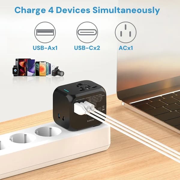 Adapter - Rejse Multi Stik 220V Til 5V Usb Type C Stik (Blå)